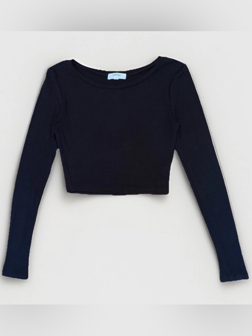 Hashttag Women Sz S Long Sleeve Cropped Shirt Black Ribbed Round Neck Casual